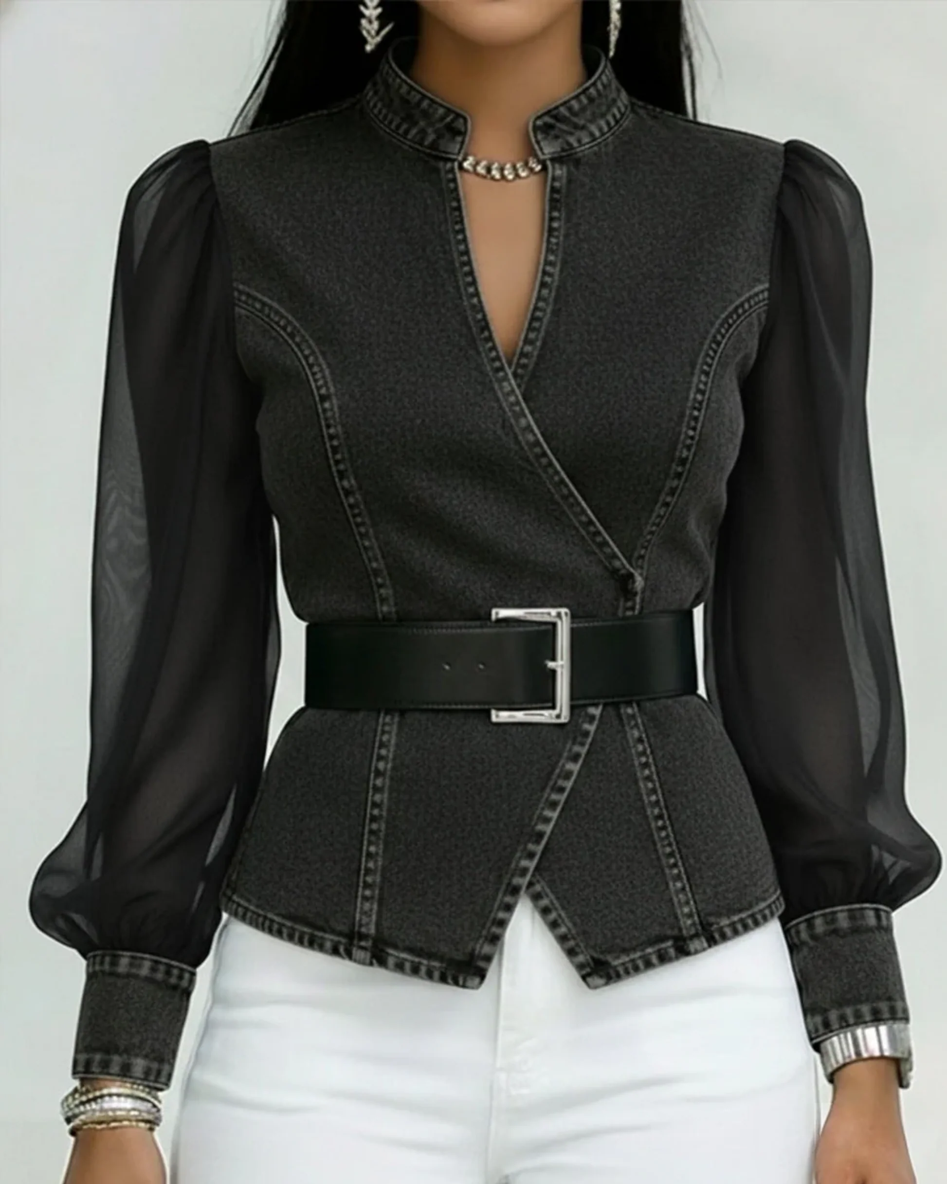 Vessa - Top In Denim Con Maniche in Panno - Image 3