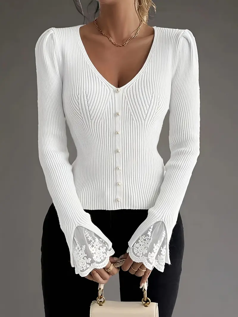 Visenna - Elegante Maglione Con Scollo a V e Maniche in Pizzo - Image 2