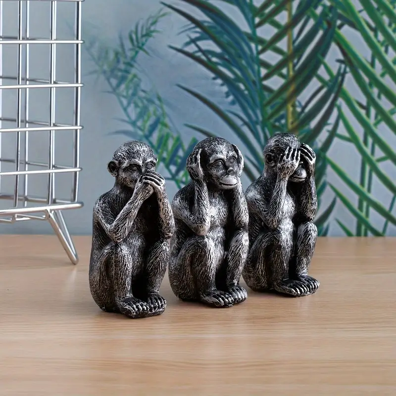 WiseChimp - Impostare Di 3 Sculture Decorativo In Resina Raffiguranti Scimmie - Image 2