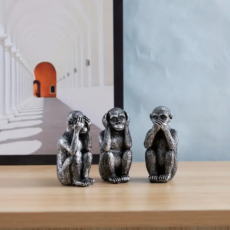 WiseChimp - Impostare Di 3 Sculture Decorativo In Resina Raffiguranti Scimmie - Image 7