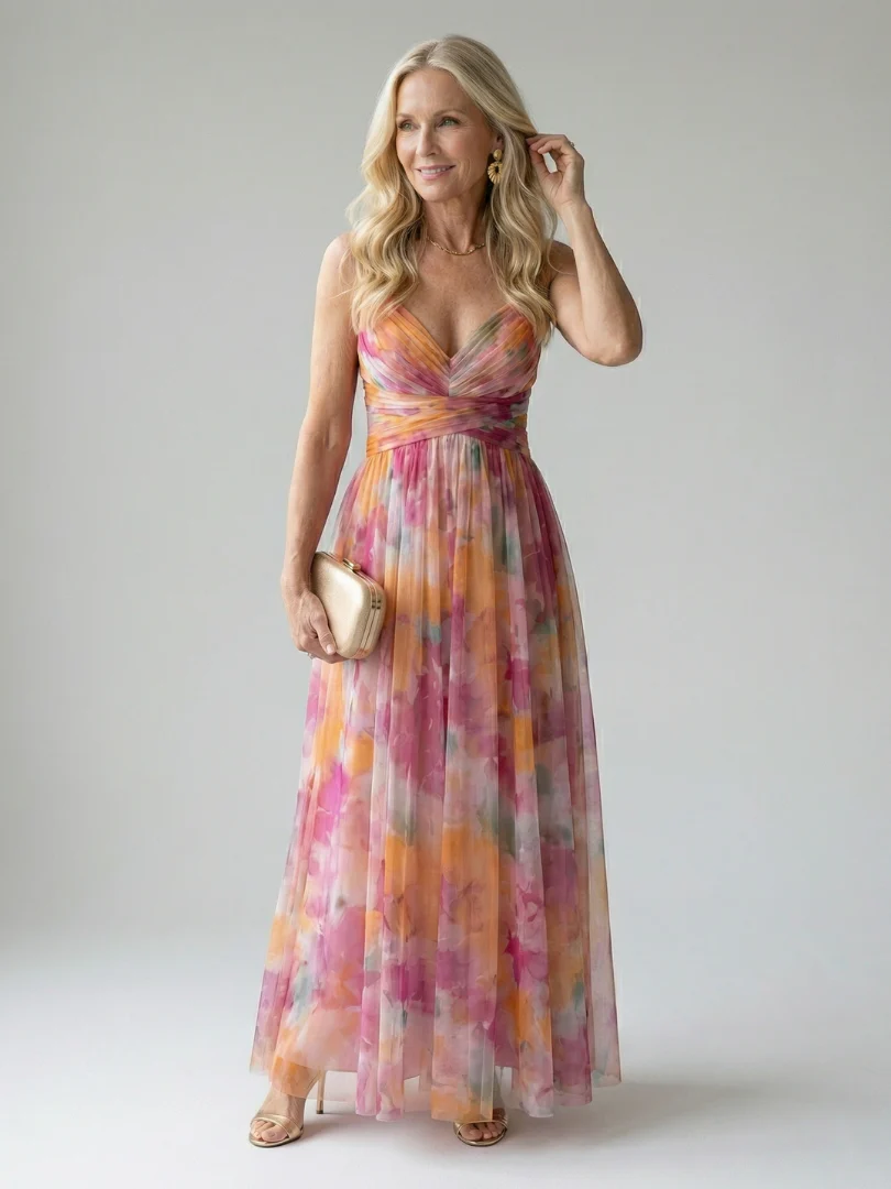 Xeenia - Elegante Abito Lungo in Chiffon Con Ritaglio