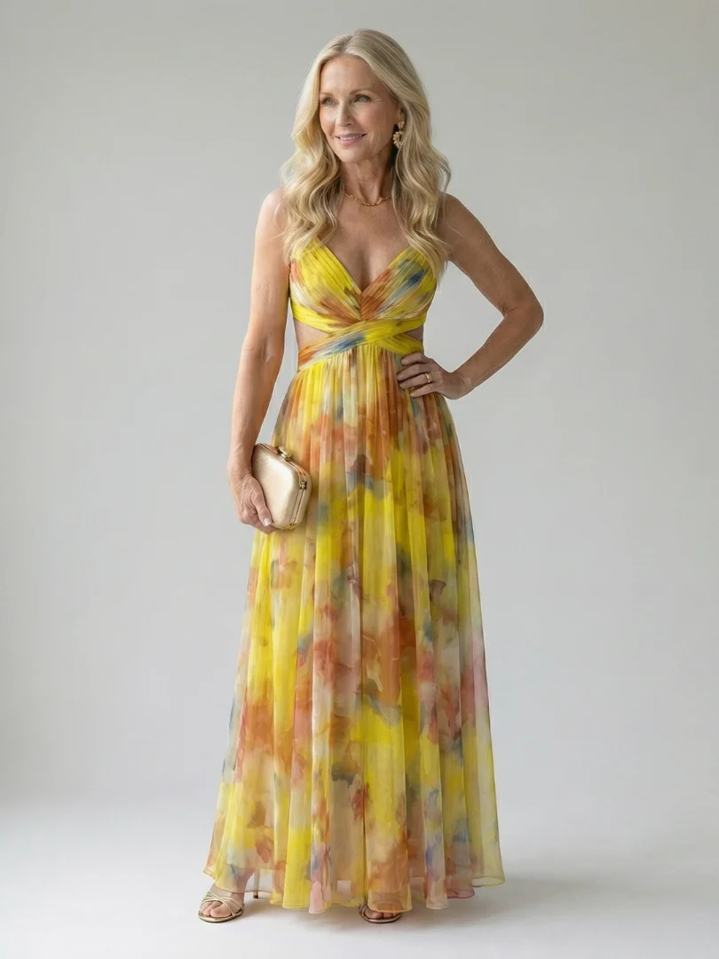 Xeenia - Elegante Abito Lungo in Chiffon Con Ritaglio - Image 2