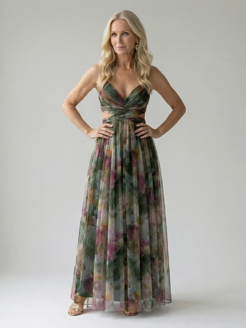 Xeenia - Elegante Abito Lungo in Chiffon Con Ritaglio - Image 4