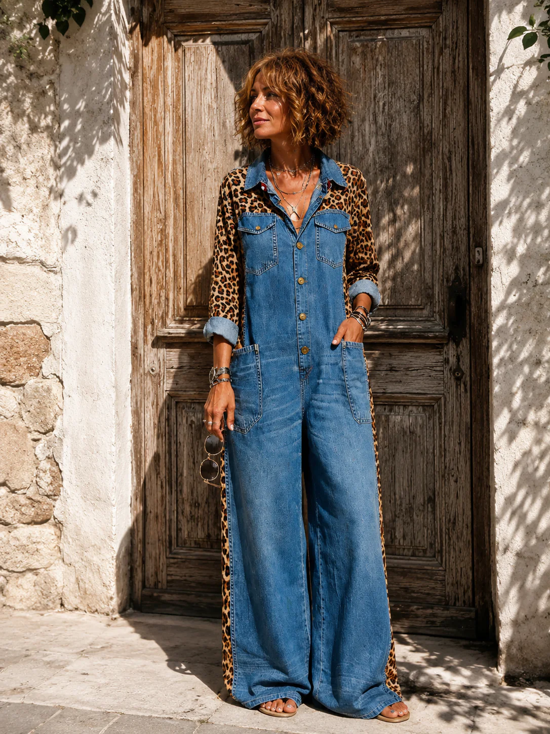 Yasmeen - Tuta Leggera in Denim Con Stampa Leopardata - Image 12