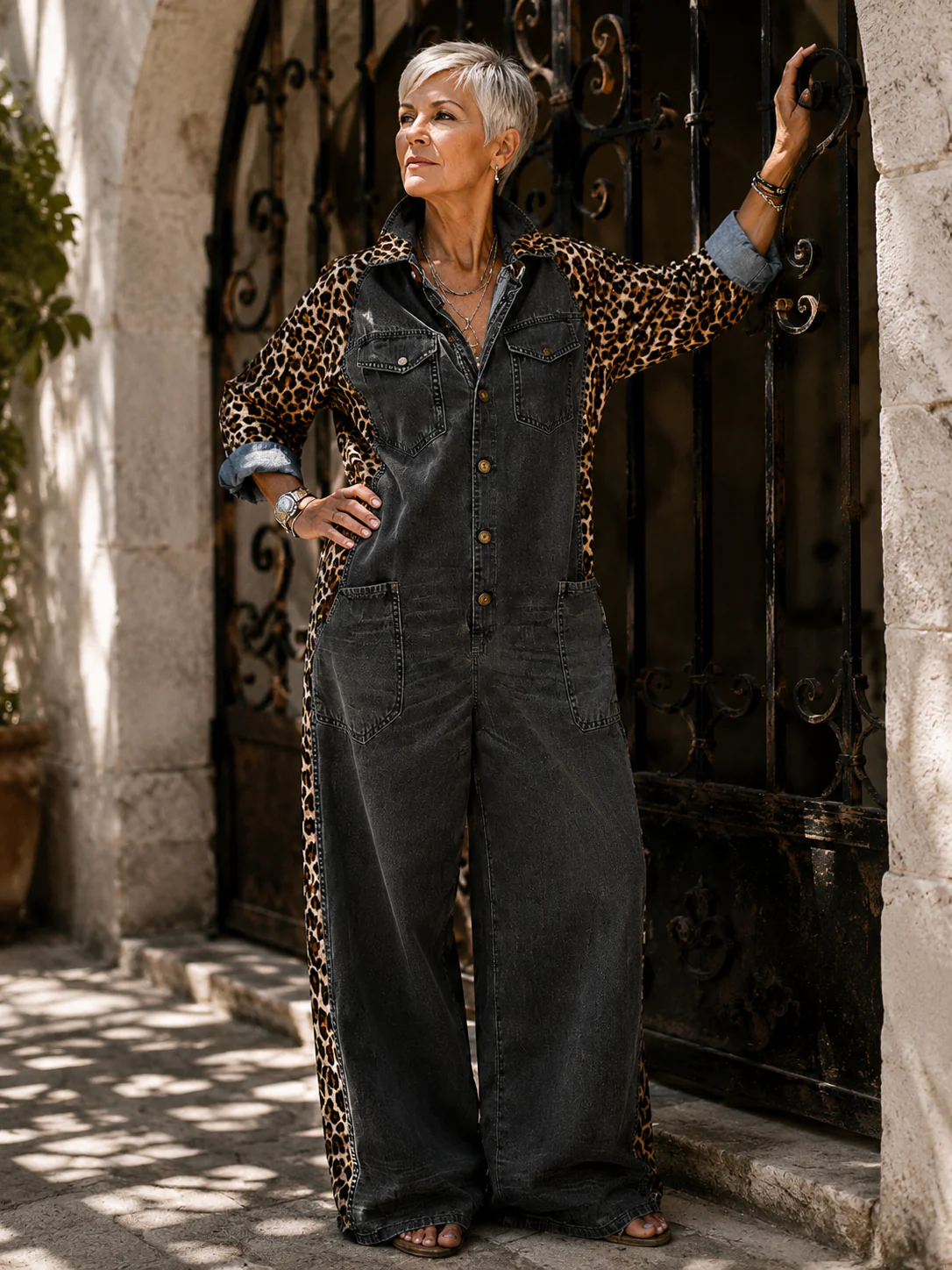 Yasmeen - Tuta Leggera in Denim Con Stampa Leopardata - Image 13