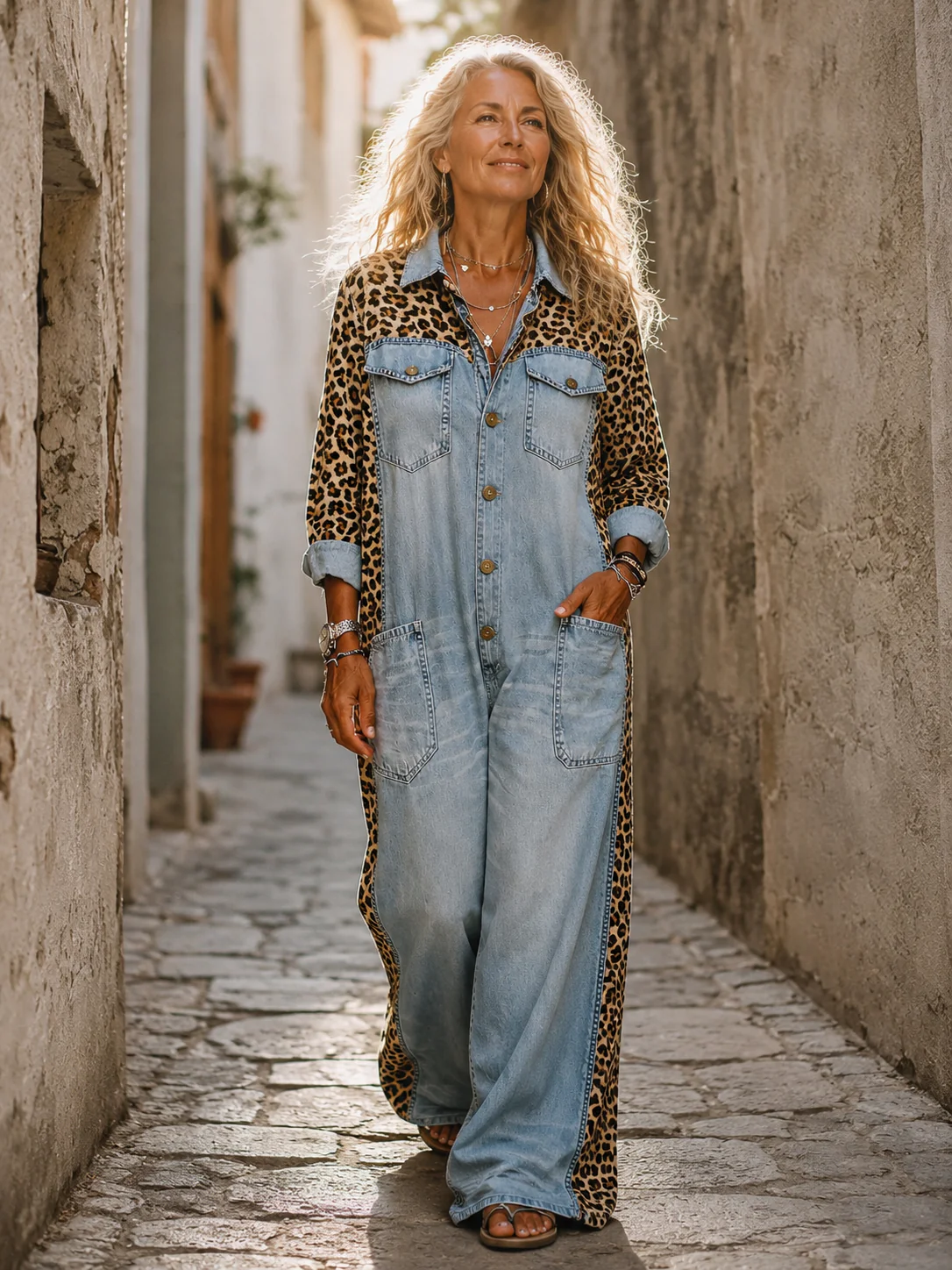 Yasmeen - Tuta Leggera in Denim Con Stampa Leopardata - Image 6