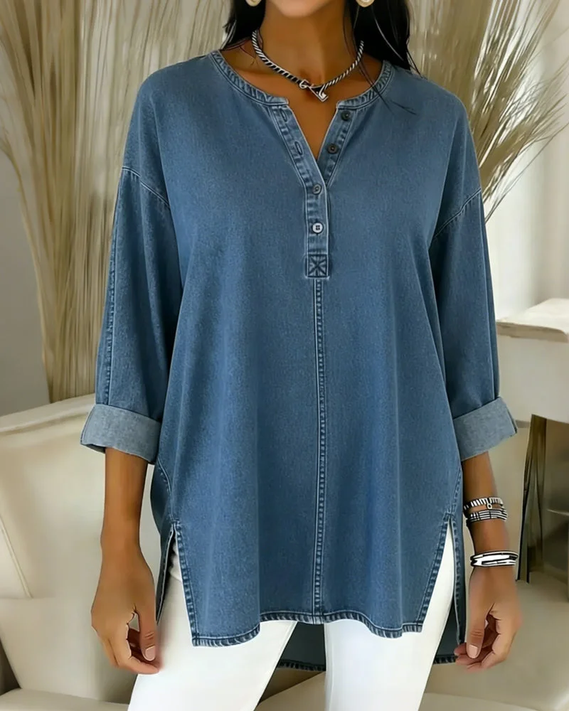 Yenara - Top in Denim con Bottoni e Scollo a V