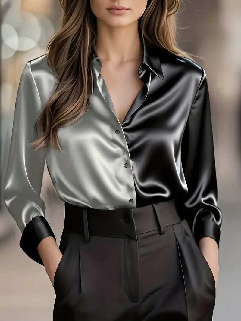 Zillah - Elegante Camicia Da Lavoro In Raso a Contrasto - Image 3